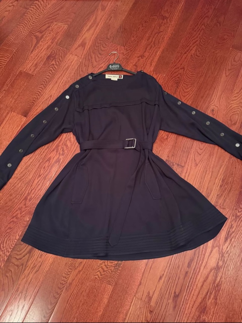 Zara Dark Navy Long Sleeve Belted A-Line Dress